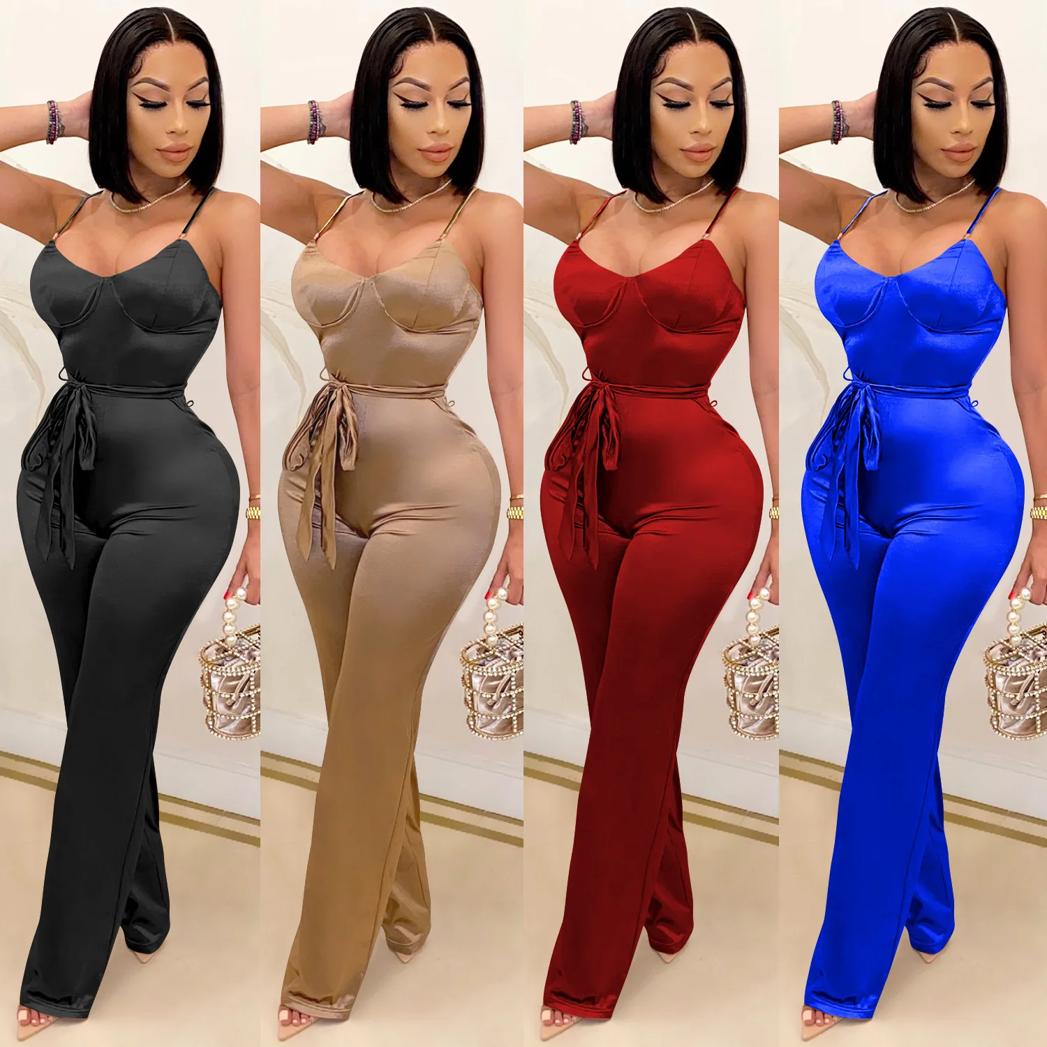 Strap Sleeveless Sexy Jumpsuit Skinny Bodycon Flare Wide Leg Playsuit Rompers Elegant Party Club Overalls Outfits Summer 1