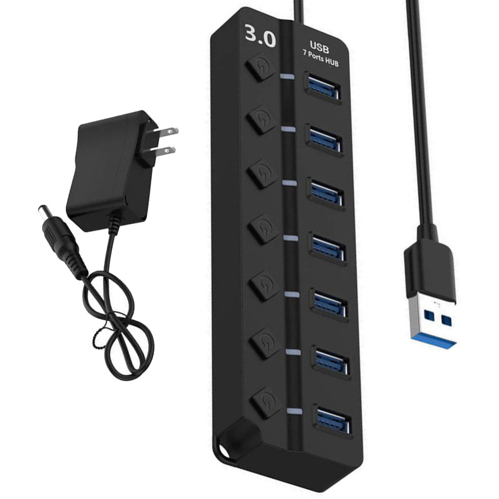 7-Порты и разъёмы USB 3,0 концентратор 5 Гбит/с, высокая Скорость вкл/выкл кнопка AC Мощность адаптер