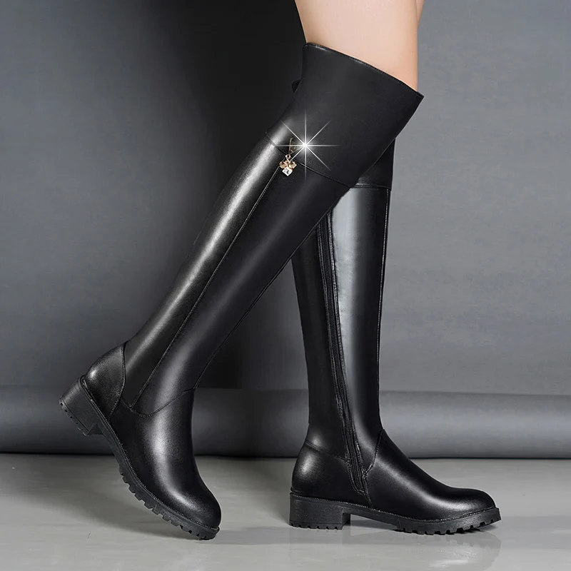 Winter Women Over The Knee Boots Comfortable Autumn Round Head High Heels Woman Keep Warm Knight Boots Ladies Party Shoes - Цвет: Черный
