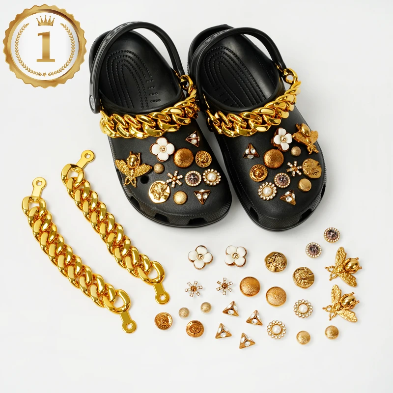 Cadena dorada de lujo para niños y niñas, Charms de cocodrilo, diseño de diamantes de zapatos animales, decoración Croc Jibbi, regalos|Decoraciones de calzado| - AliExpress