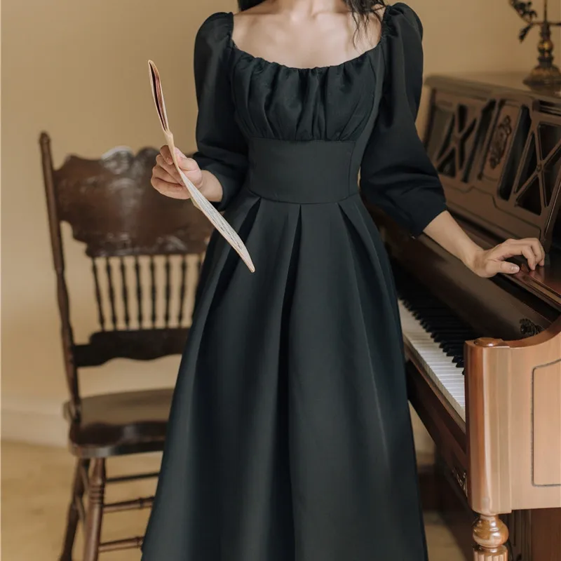 SWEETXUE Vintage black dress Sexy Square Collar Puff Sleeve Black Pleated High Waist Comfort Elegant Club Fashion Women Dresses