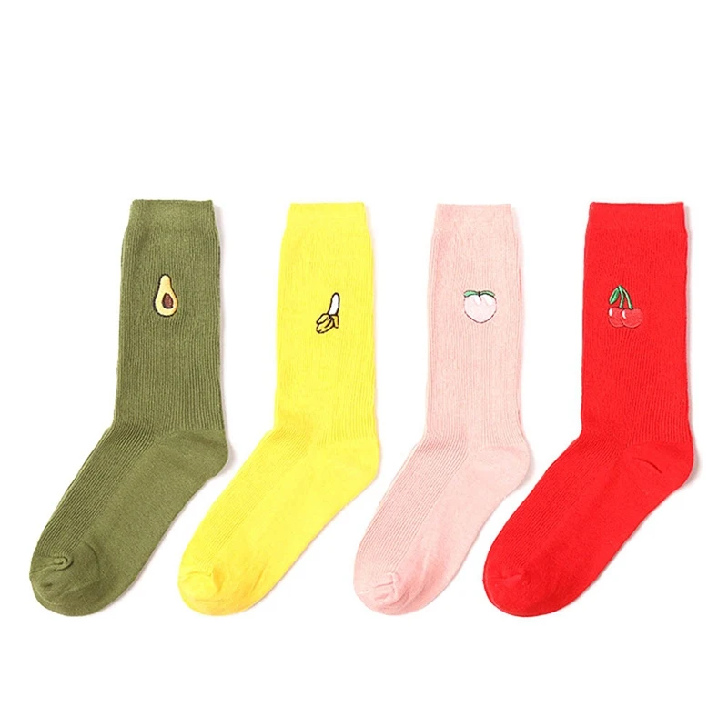 New Cotton Cute Fruit Print Women's Socks Retro Embroidery Long Colorful Funny Socks Women Multicolor Sock 4Pairs