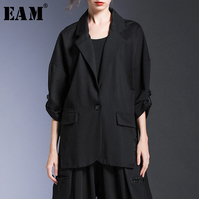 

[EAM] Loose Fit Black Split Big Size Jacket New Lapel Three-quarter Sleeve Women Coat Fashion Tide Spring Autumn 2020 1H688