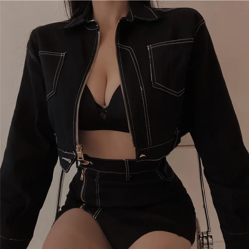 WOMENGAGA Skirts Set 2022 New Fashion Lapel Denim Jacket Short Zipper Top Slim + Split Mini Skirt Two-piece Suit Kroean 8TWO |