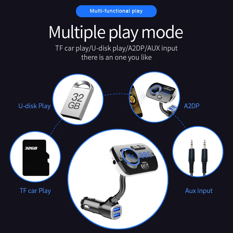 Bluetooth 5,0 fm-передатчик автомобильный набор гарнитуры с Bluetooth AUX аудио беспроводной Автомобильный MP3-плеер QC3.0 быстрое зарядное устройство Радуга светодиодный свет