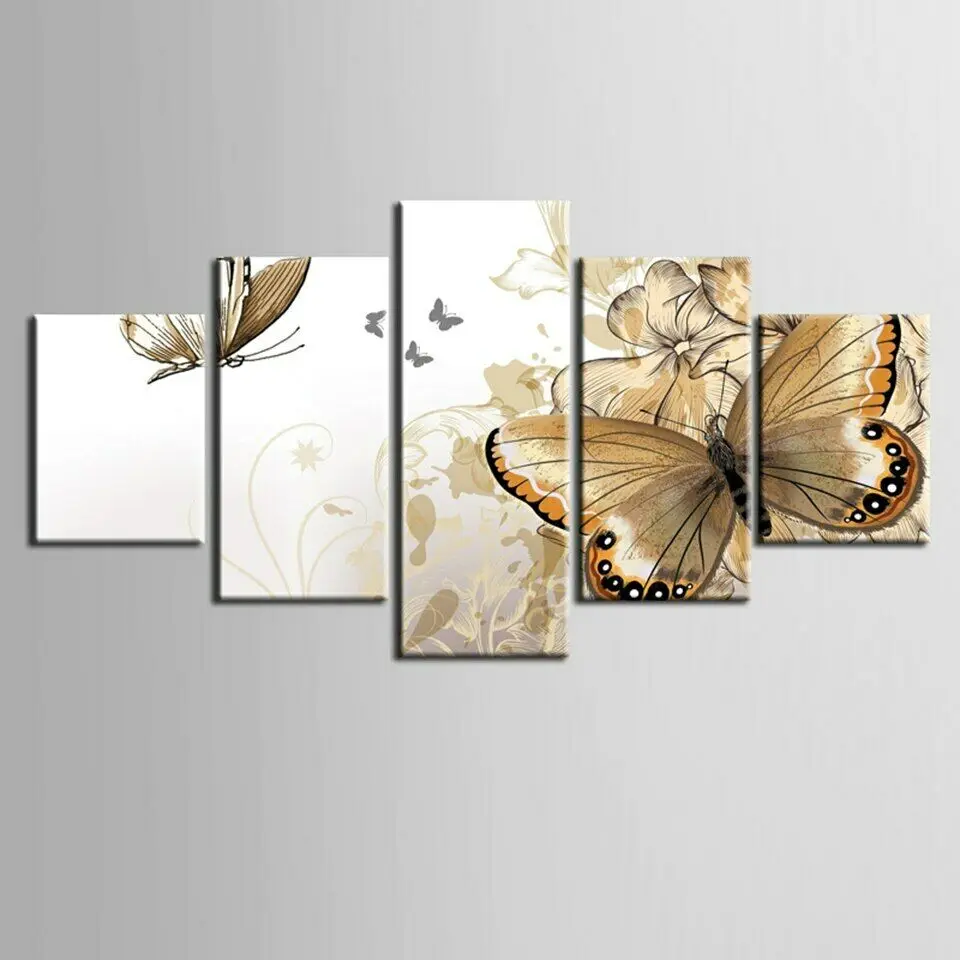 

Golden Butterfly Flower 5 Panel Canvas Picture Print Wall Art Canvas Painting Wall Decor for Living Room Poster No Framed