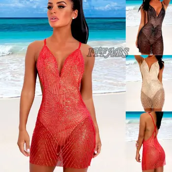 

Women Ladies Beach Style Summer See Through Sequins Mesh Bikini Cover Up Tops Swimwear Bathing Suit Beach Dress