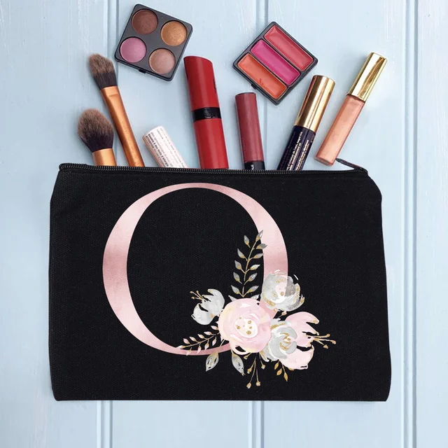 Women's Cosmetic Makeup Bags Female Organizer Pink Flower 26 Letters School Pencil Cases Carrying Bag for Coin Purse pink flower O