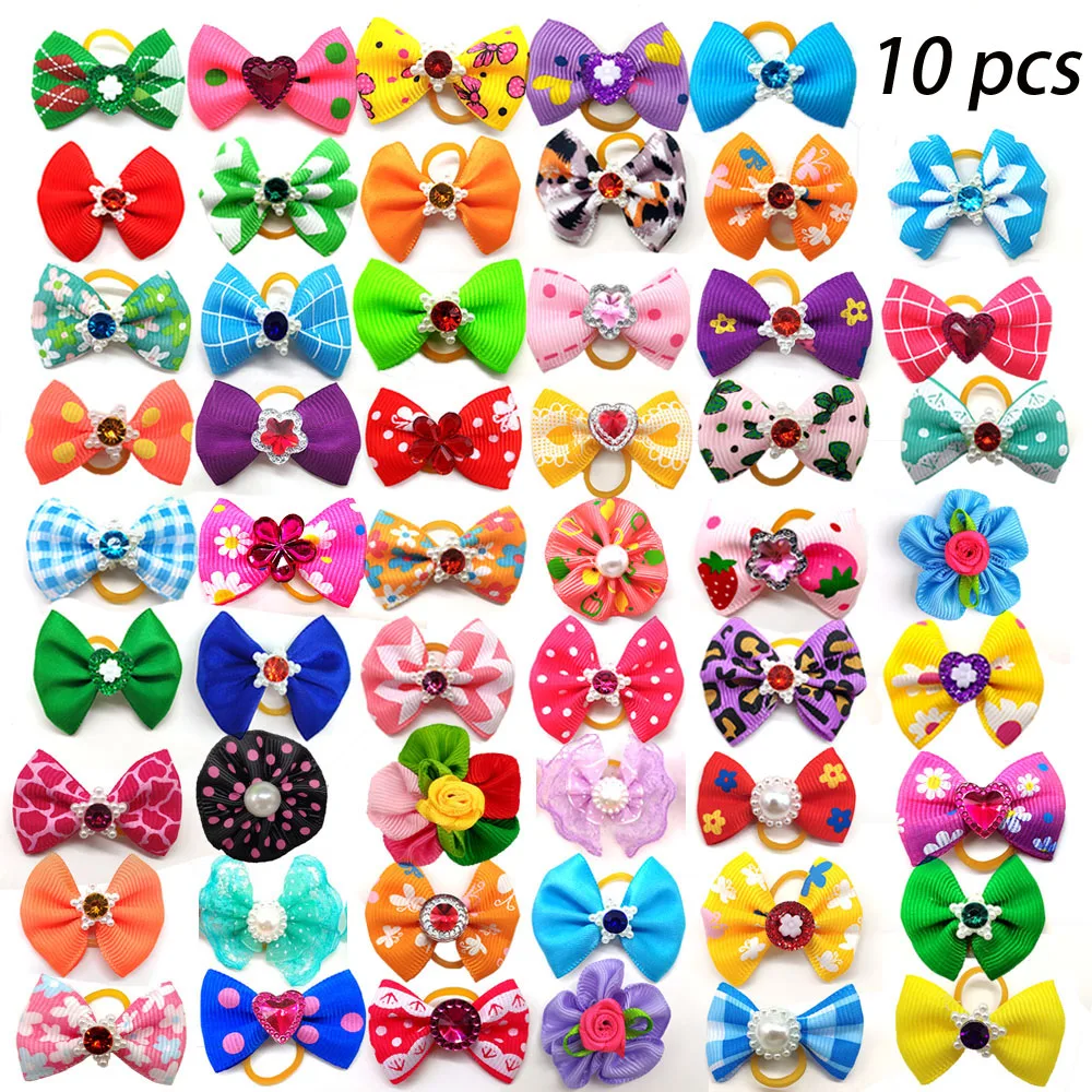 10pcs 10 шт/20шт/30 шт Новые различные стиль Pet банты для собак Pet Hair лук резиновые ленты с бриллиантовым бантом для ухода за собакой поставки оптом - Цвет: 10pcs