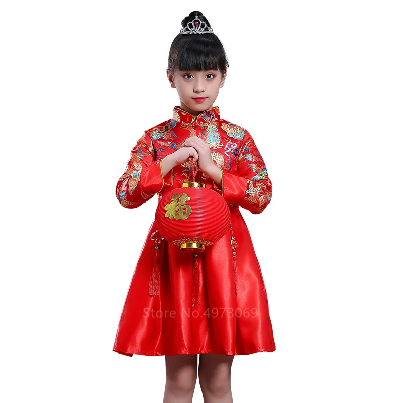 Новогоднее платье Hanfu в китайском стиле для мальчиков и девочек красные костюмы для народных танцев с вышивкой в стиле Танг для сцены 110-160 см - Цвет: Red girls
