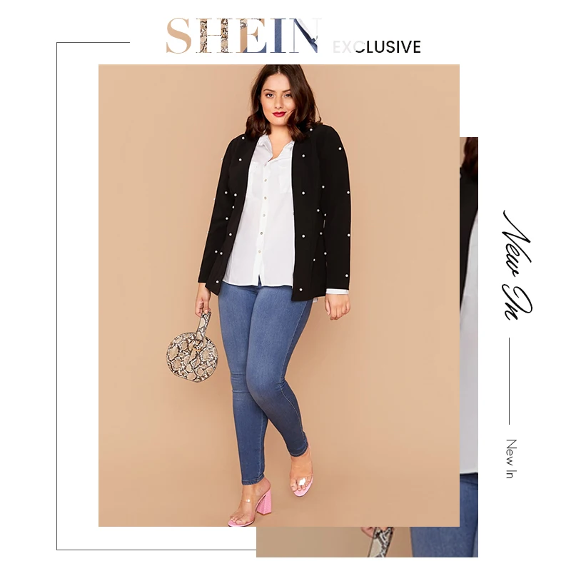 SHEIN плюс размер черный крючок и глаз жемчуг бисером блейзер для женщин Осень Slim Fit длинный рукав элегантный плюс блейзеры