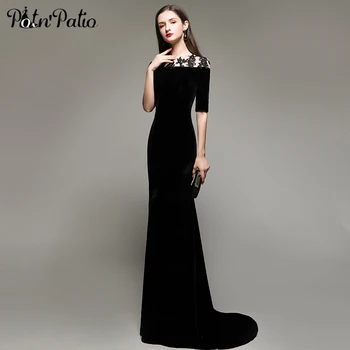 

Elegant Velvet Evening Dresses 2020 Black Floor-length Long Women Formal Gown Simple Sleeved Mermaid Dresses With Train