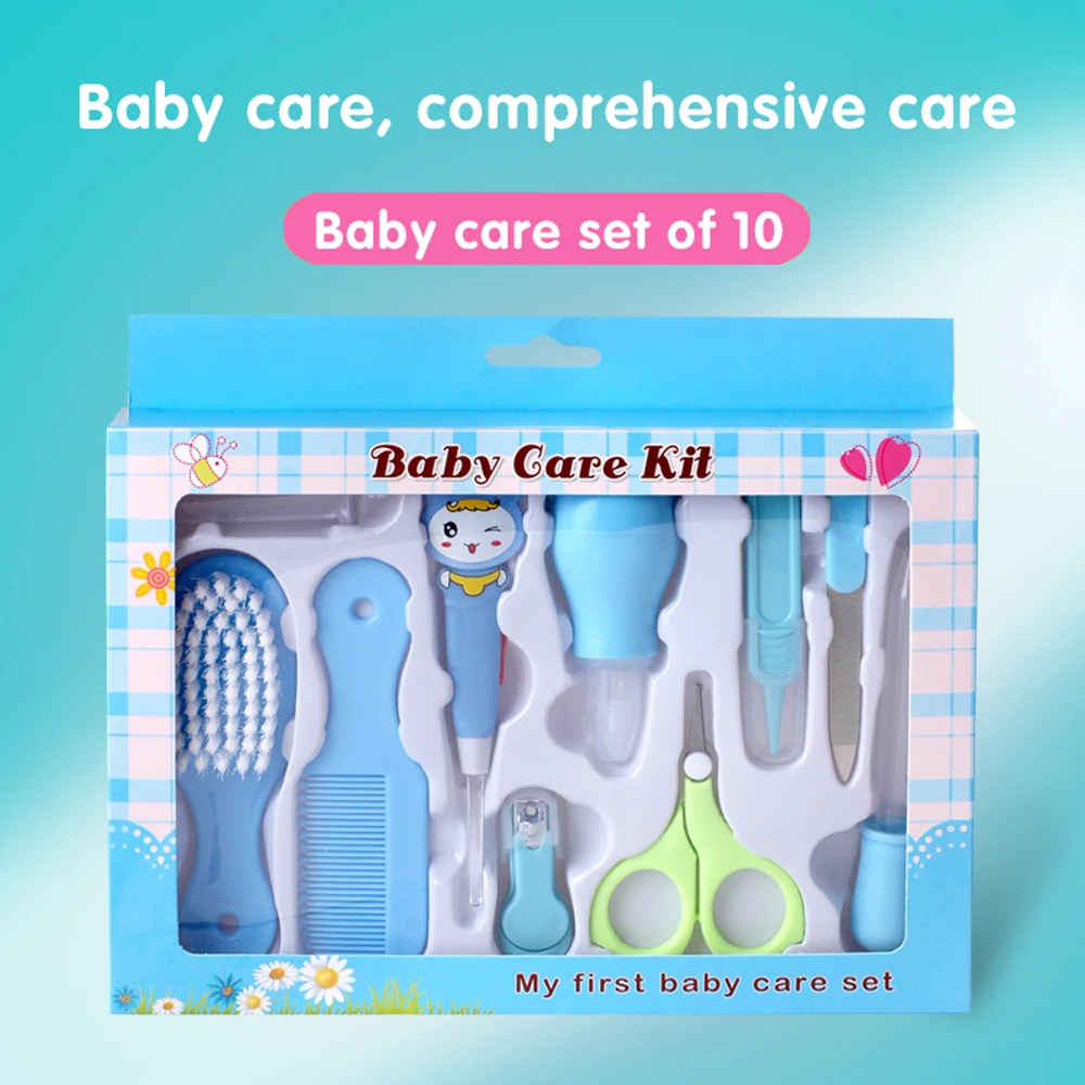 Paston Baby ежедневный уход 10-набор: ножницы, машинка для стрижки ногтей, пинцет, пилочка для ногтей, Ушная ложка, носовой аспиратор, медицинская Фидер капельница - Цвет: Blue