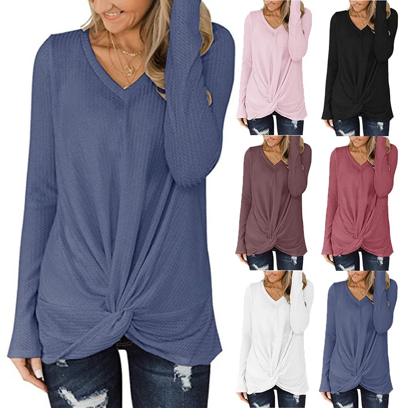 

clothing OWLPRINCESS 2019 Autumn New Women's V-neck Long-Sleeved Twisted T-shirt Top