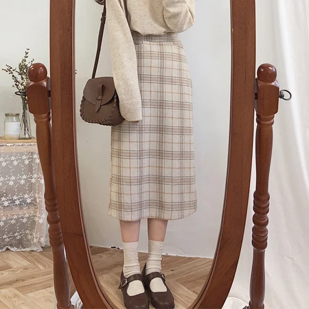 Girls Skirt Pencil Maxi Vintage Plaid Long Winter Women Warm Female Thick Autumn Mujer
