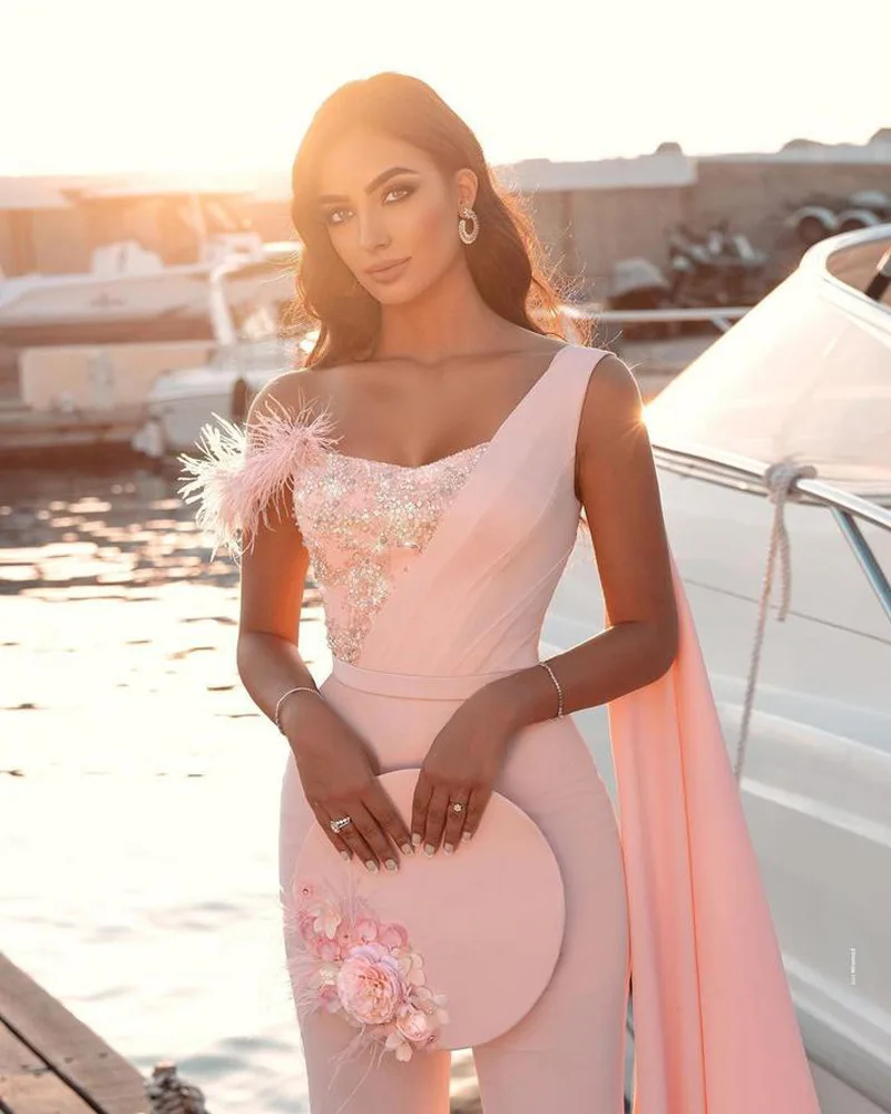 Women Elegant Long Jumpsuit Strapless Slash Neck Feather Tube Top Sexy Fashion Party Night Evening Jumpsuit 2021 Summer