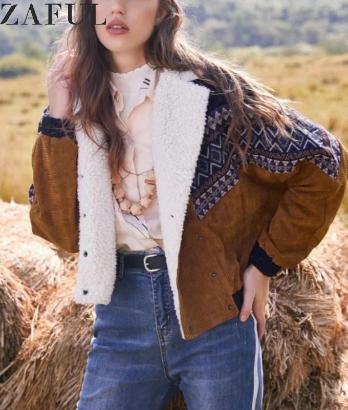 

ZAFUL Jacket Tribal Print Coats Women Autumn Spring Vintage Outwear Tunic Double Breasted Faux Fur Corduroy Jackets Overcoat