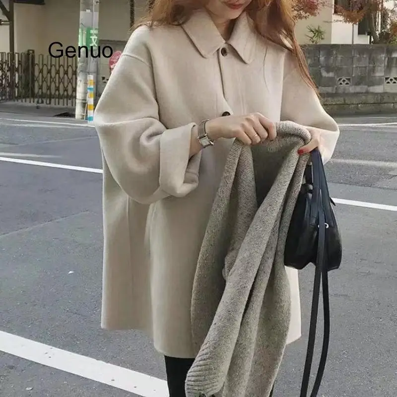 Spring Autumn Woolen Single-breasted Coat Female Mid-Long New Korean Temperament Women Popular Outerwear Woolen Coat Streetwear
