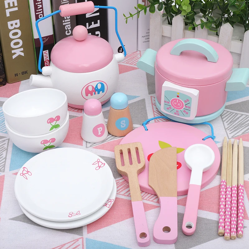 Bolo de Manhã Brinquedos de Madeira para Crianças Chá da Tarde Dropshipping Rosa Morango Simulação Conjunto Sobremesa Corte Educativos - 2 Brinquedos de cozinha