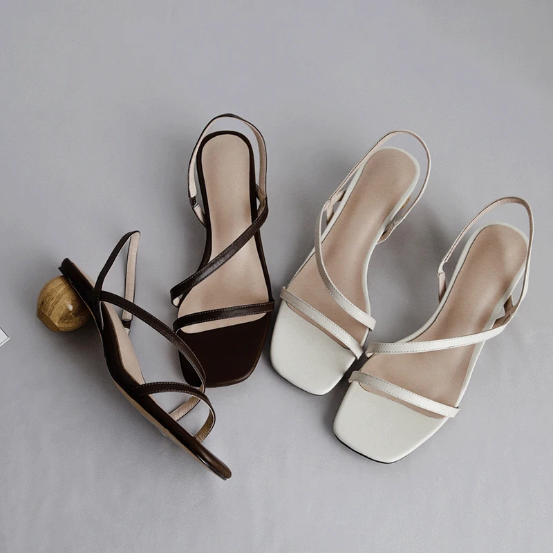 

2019 Summer New Style Thin Drawstring Simple yi xing gen Genuine Leather Fairy Sandals Korean-style Versatile Semi-high Heeled W