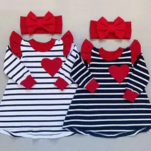 Двухцветное Полосатое Платье с принтом сердца для новорожденных девочек, повязка на голову, комплект одежды, милая одежда, платье с длинными рукавами и оборками, топы для 1-4 лет