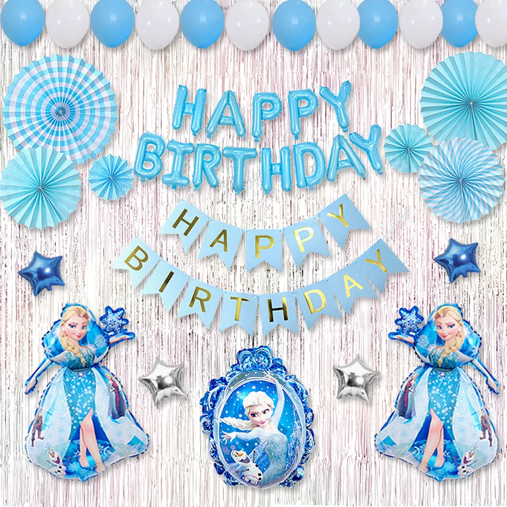 

35Pcs/set Happy Birthday Ice snow Queen Elsa Anna Princess Party Balloon Birthday Decoration Balloons Pull flag Paper fan flower