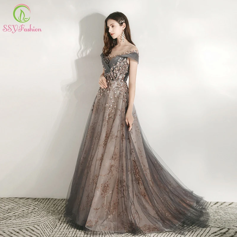 SSYFashion, новинка, элегантное вечернее платье для банкета, с глубоким вырезом, с блестками, с аппликацией, длина до пола, длинное, для выпускного вечера, торжественное платье, Vestidos De Noche