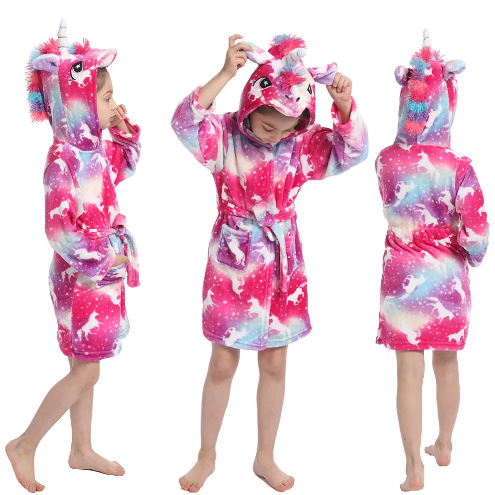 Girl Robes for Kids Winter Bathrobe Unicorn Pajamas Rainbow Pink Purple Sleepwear Girl's Dressing Gown Flannel Hooded Towel Robe baby robe and slippers Sleepwear & Robes