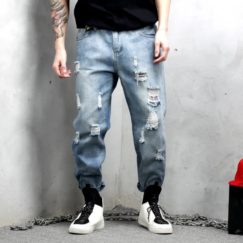 Hole jeans men spring tide brand Japanese large size male hairy light blue straight nine pants more size M-5XL