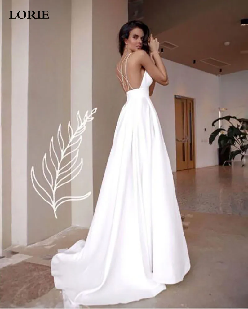 LORIE Slik Satin A Line Wedding Dresses Beach Spaghetti Straps V Neck Bride Gowns 2021 Abito Da Sposa Backless Wedding Gowns