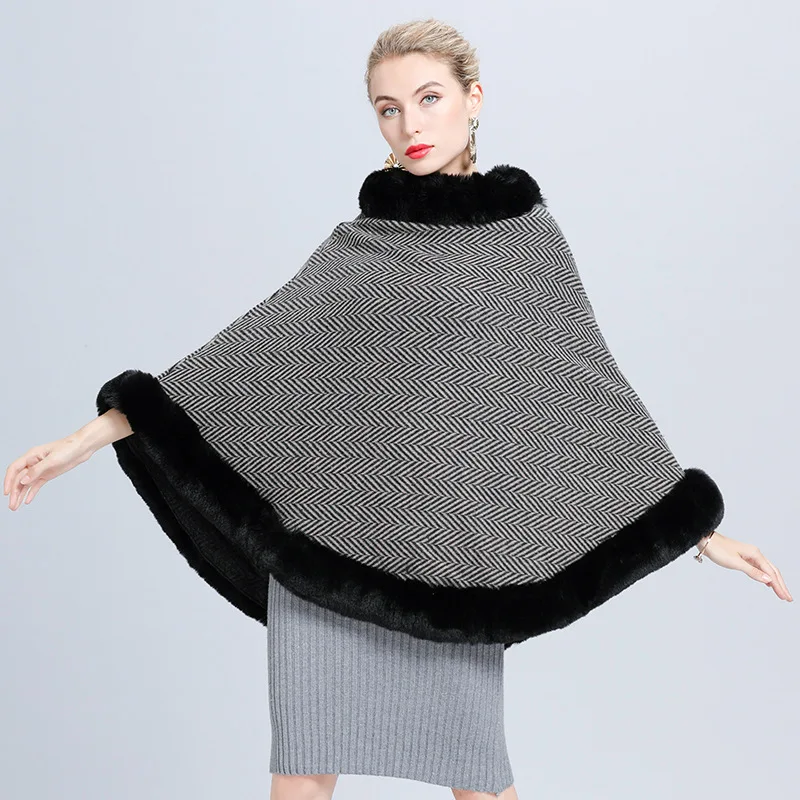 

2020 Winter Faux Fox Fur Poncho Cape Fur Loose Pullover Women Long Big Pendulum Striped Sweater Soft Fur Neck Knitted Coat Shawl