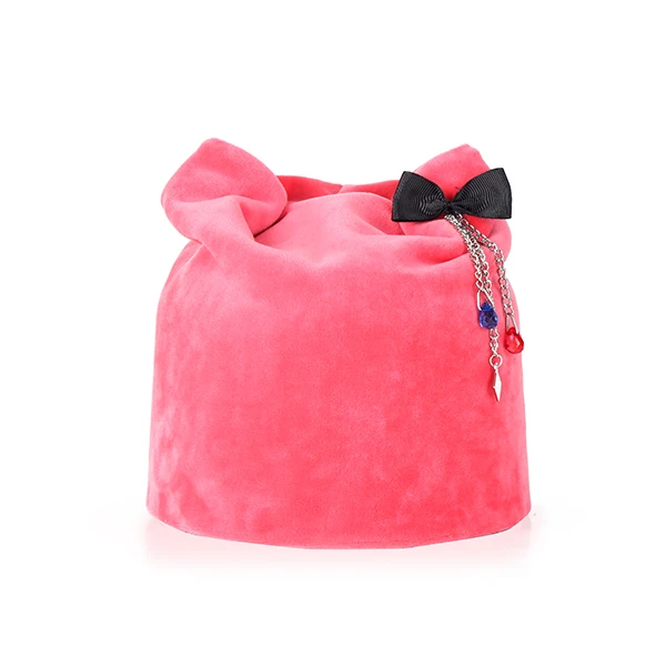 Шапка бини для осени и зимы, модные одноцветные милые шапки с бантиком и подвеской для девочек, дизайн, повседневная женская бархатная шапка - Color: Pink