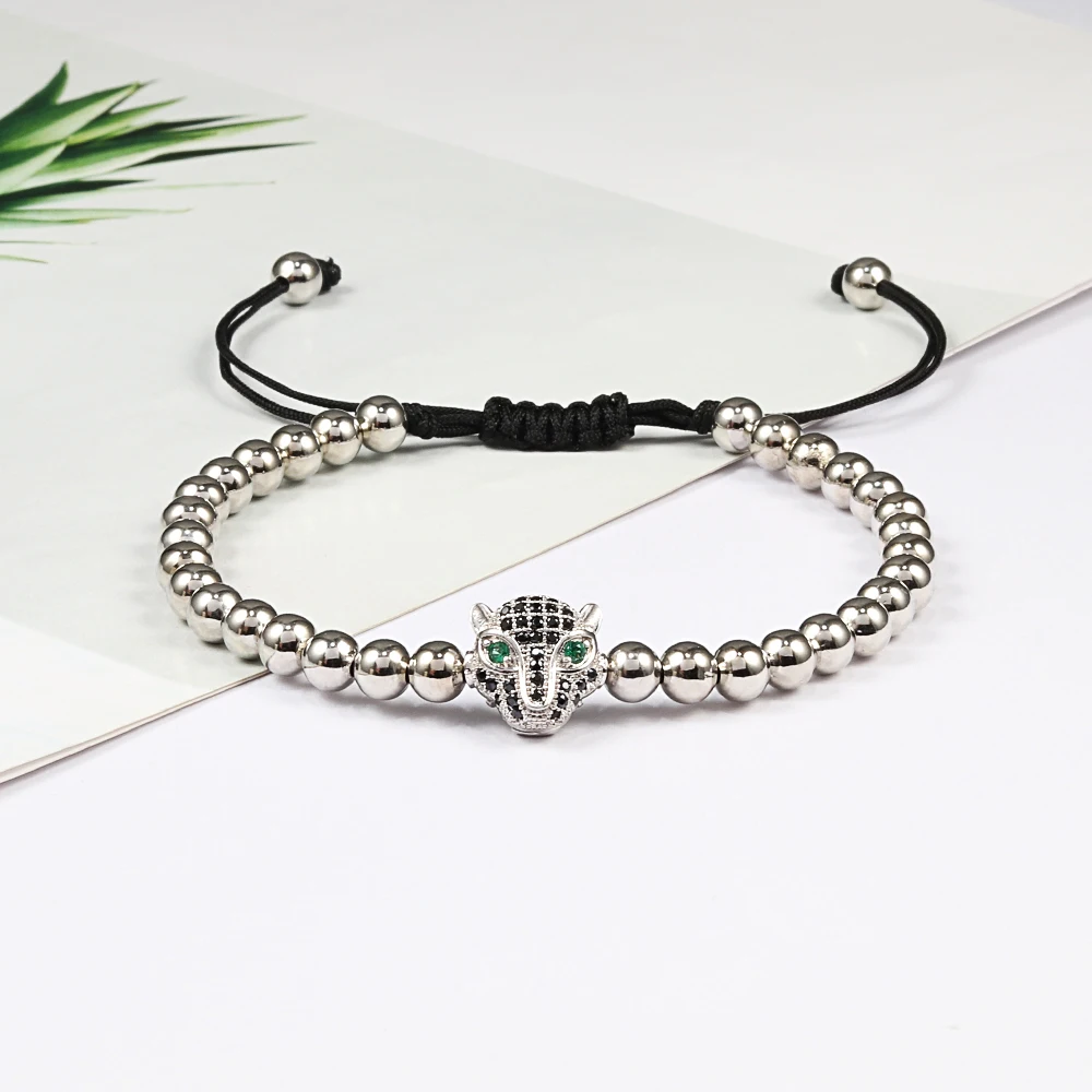 Men Bracelet Gold Color Leopard Head 5MM Pave Beads Braided Bracelets Bangles Handmade Armband Luxury Royal Women Jewelry Gift - Image 2