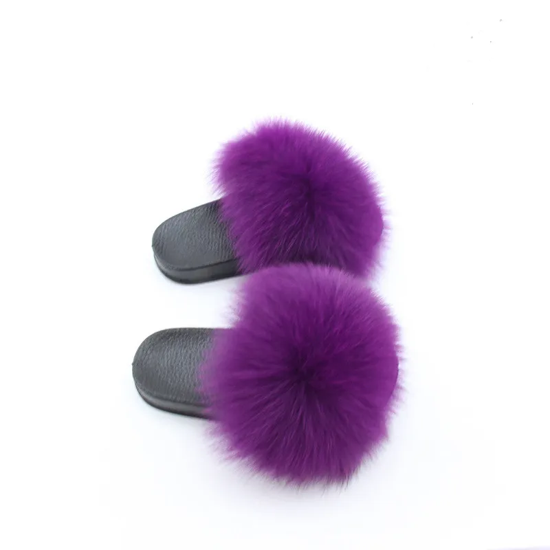dark purple ; Детские настоящие лисьи тапочки; милые Шлепанцы из енота; пушистые тапочки; обувь для маленьких девочек; Летние вьетнамки - Цвет: dark purple