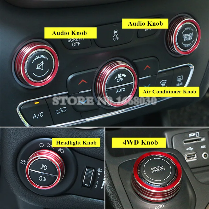 

5pcs Red Air Condition & 4WD & Headlight Knob Cover For Jeep Cherokee 2014-2016 Car accesories interior Car Trim