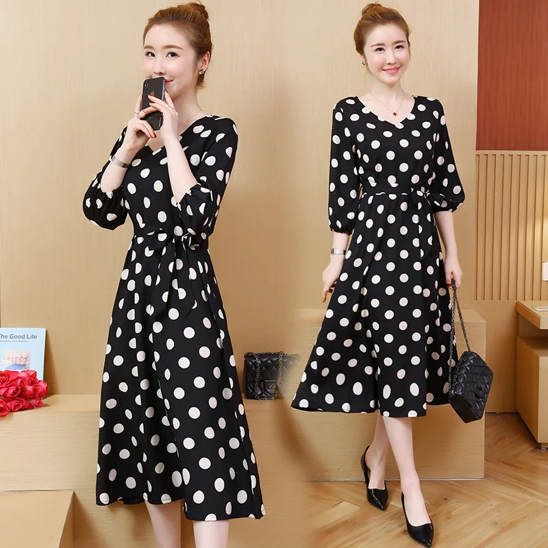 

Chiffon Polka Dot Dress 2020 Early Spring New Style Waist Hugging Slimming Belly Covering zi yang Gas Fat Mm Large Size WOMEN'S