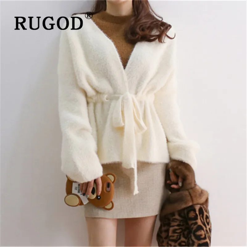 RUGOD Fuzzy Cardigan Belt Collect Waist Sweater Womens Sweaters 2019 Winter Tops For Women Knitwear Fashion Kpop Clothes |