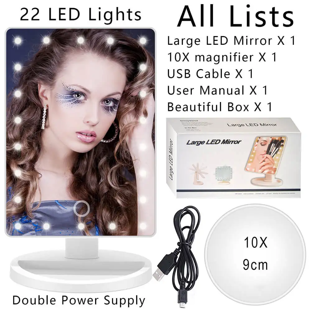 Large 22 LED White Светодиодный светильник, зеркало для макияжа, лампа 10X, лупа, батарея, увеличительное стекло для макияжа, мини, для ванной, косметическая, для ванной, умная присоска - Цвет: Large 22 LED White