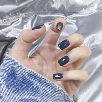 

24pcs/box Blue Smoke Grey Jumping False Nails Patch Square Head Short Wear Fingernail Patches With Bright acryl artificial nails