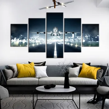 

5 Piece Night Light Scenery Aircraft Runway Canvas Paintings HD Prints Pictures Flight Take off Poster Home Decor Wall Art