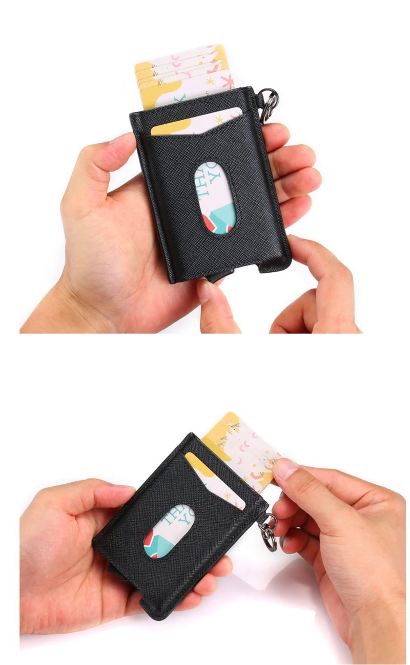 Vintage Cowhide Leather Business Smart Wallet RFID Card Holders Slim Antitheft Security ID Holders Aluminum Box Pup Up Card Case