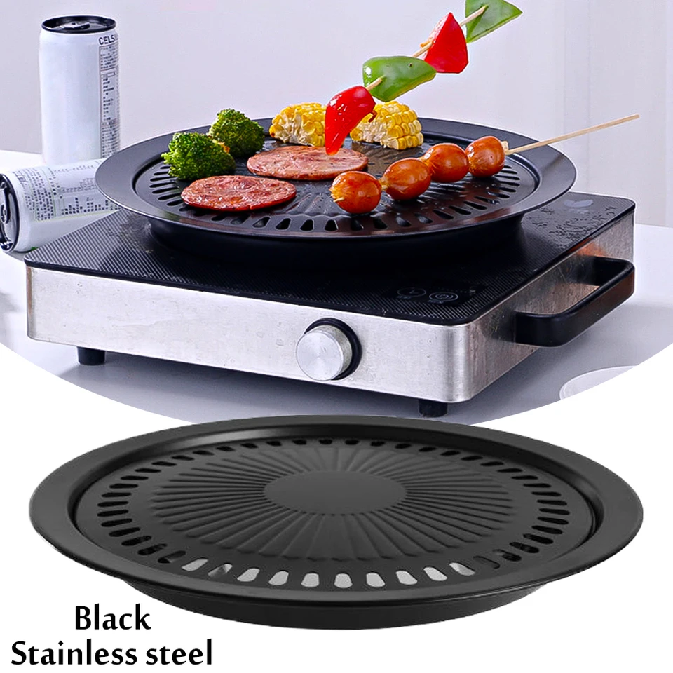 Shengxiny Kitchen Supplies Clearance Round Stainless Steel Korean BBQ Grill Plate Barbecue Set Non-Stick Pan Set with Holder, Size: One Size