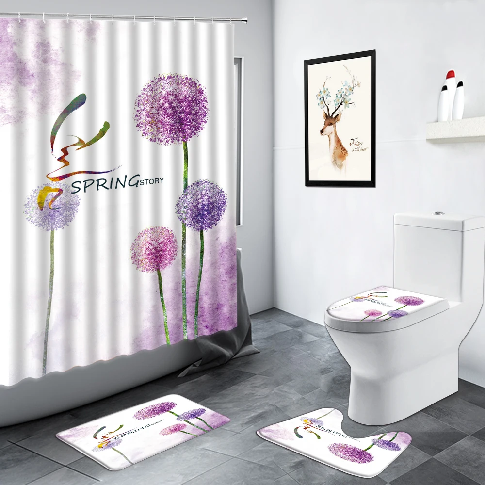 

Dandelion Fabric Shower Curtain Purple Flower Bathroom Curtains Set Anti-skid Rugs Toilet Lid Cover Bath Mat Home Decor Floral