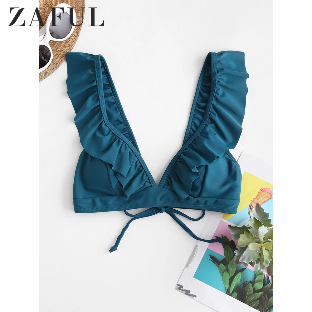 ZAFUL Ruffle Plunging Neckline Padded Bikini Top Solid Swim 2020 New Wire Free Bra Greenish Blue Color Tops |