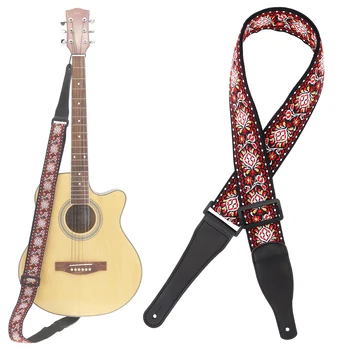 

Jacquard Weave Double Fabric Guitar Straps Flower Pattern Genuine Leather Ends with for Acoustic Electric Guitar Bass