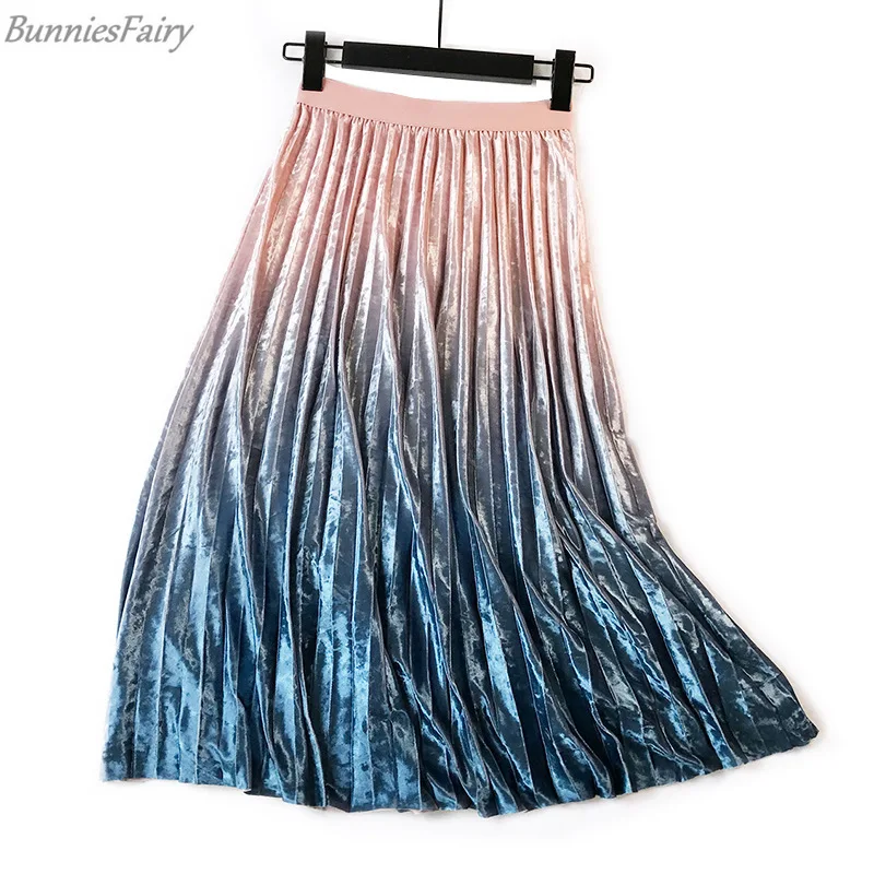 

BunniesFairy Women 2019 New Autumn Winter Diamond Velvet Gradual Color Elastic Waist Metallic Shinning Organ Pleated Midi Skirt