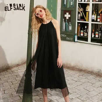 

ELFSACK Black Solid Minimalist Halter Casual Sling Midi Dress Women 2020 Spring Pure Contrast Mesh Korean Ladies Daily Dresses