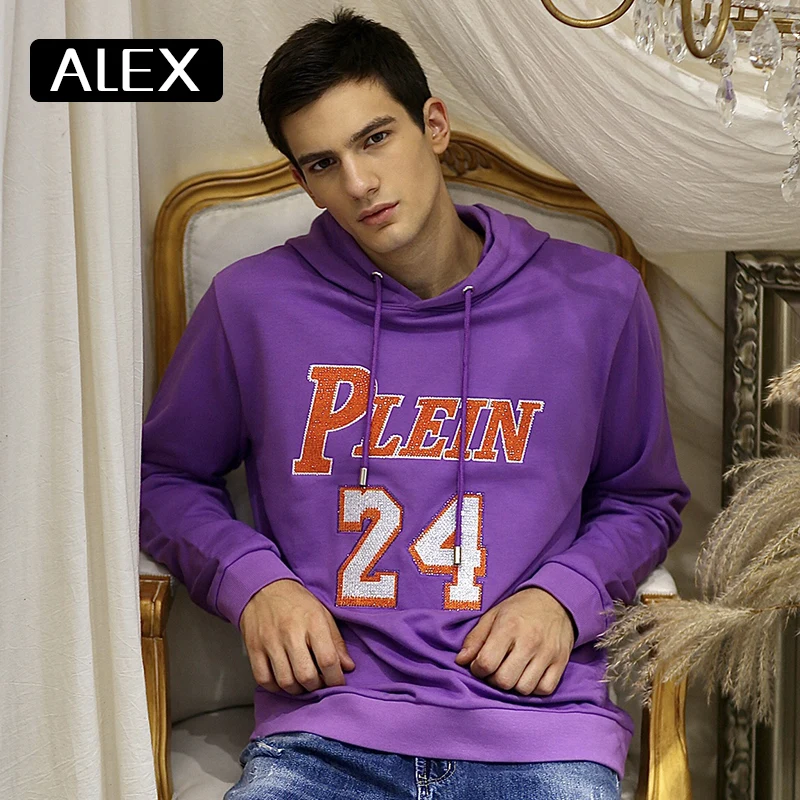 Alex Plein Uomo Felpe Viola Del Serpente Strass Felpa Da Uomo 100% Cotone Di Grandi Dimensioni Di Un Pezzo Sweetwear Di Sport Di Modo Di Inverno
