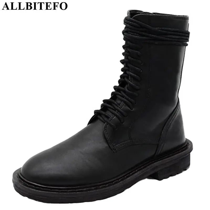 

ALLBITEFO hot sale comfortable women boots genuine leather Pure color ankle boots Frenulum fashion Martin boots Autumn Winter