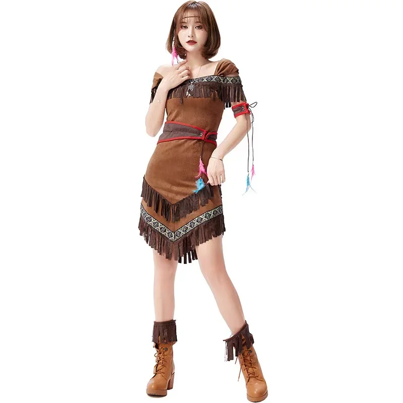 

Female Hunter Primitive Cosplay Women Halloween Indians Costume Carnival Purim Parade Stage Show Nightclub Role Play Party Dress